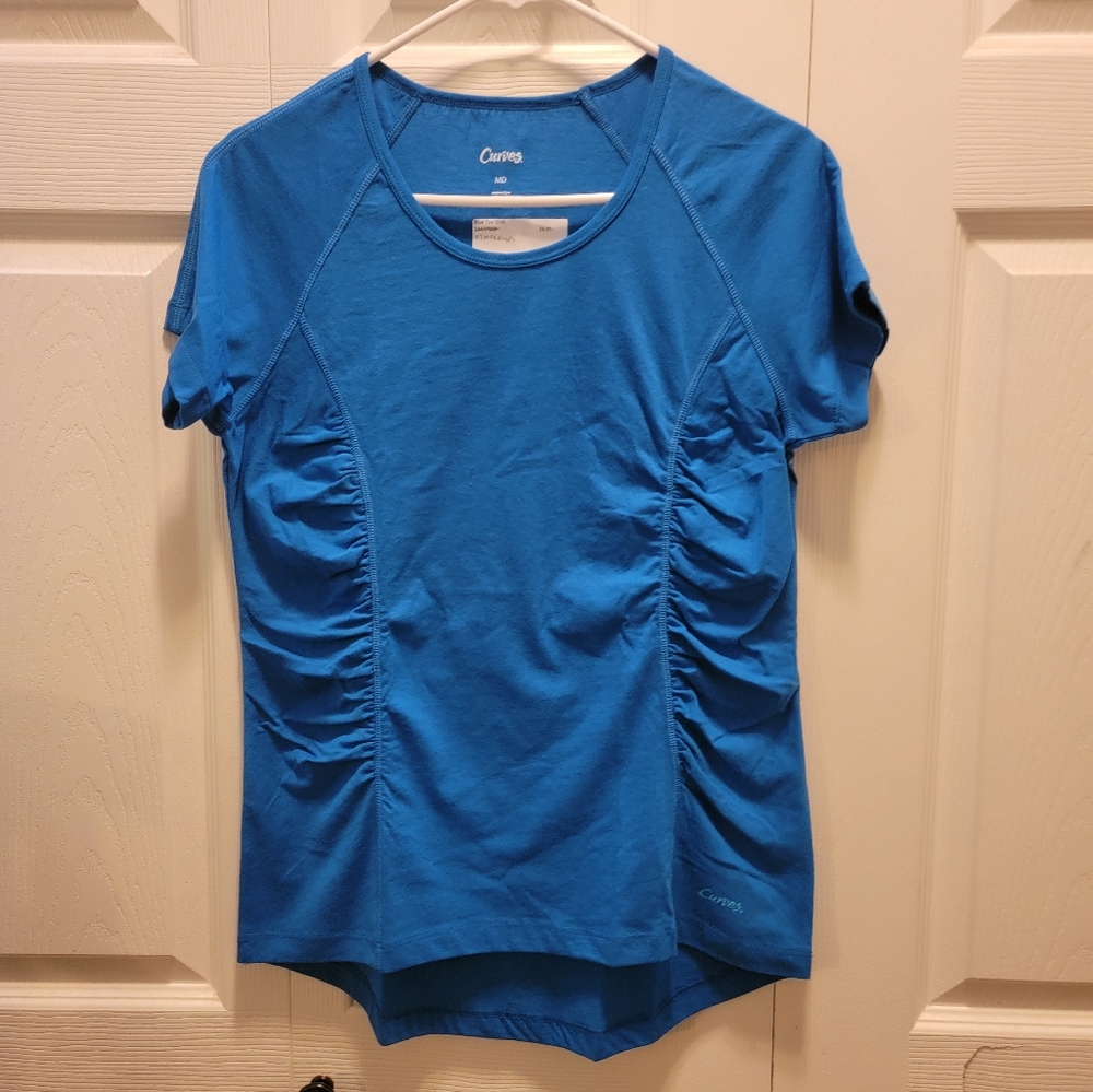 Royal Blue Cap Sleeve Workout shirt with ruffle sides  Size Small‎